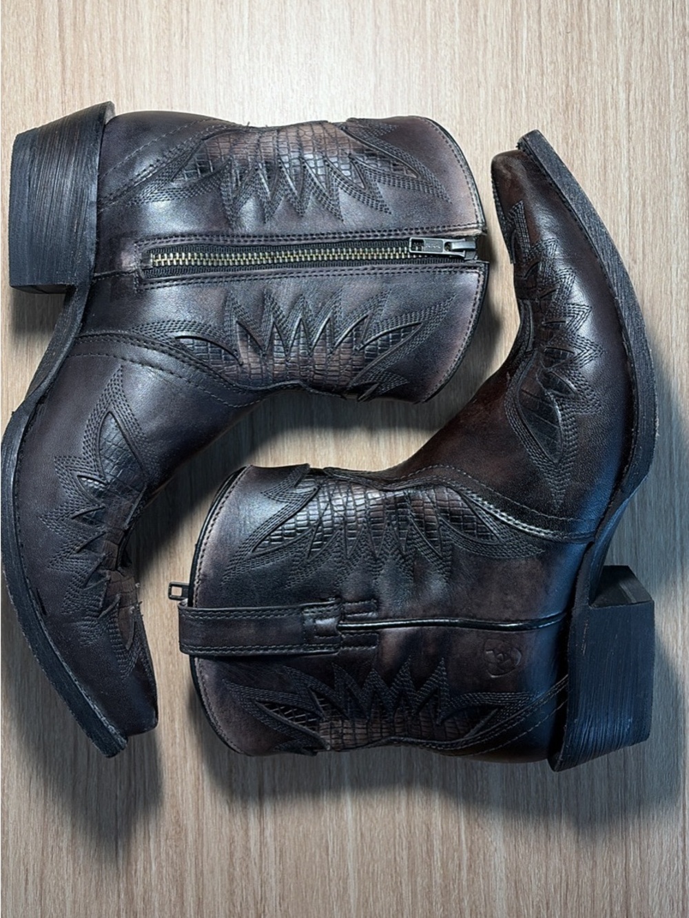 Ariat Dark Brown Leather Western Ankle Booties with Side Zip